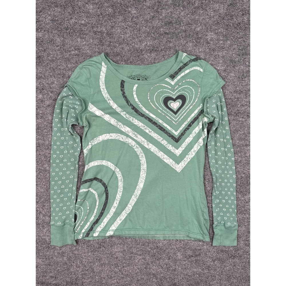 Ellemenno Y2K Layered Green Heart Print‎ Graphic Tee Women XL Long Sleeve